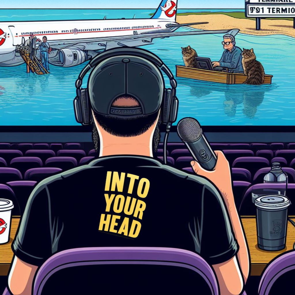Cartoon image of podcaster viewed from behind, at a desk in a cinema watching a plane landing on ater on the screen. 