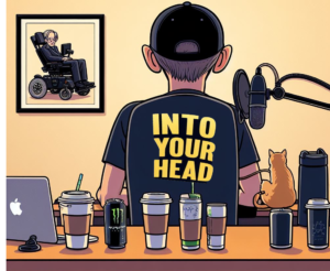 Cartoon image of man podcasting viewed from behind, there is a framed picture on the wall of Professor Stephen Hawking.
