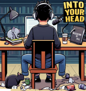 Cartoon image of man recording podcast at desk in library, surrounded by discared coffee and energy drinks containers, cats and a book called Weekends in Prison.